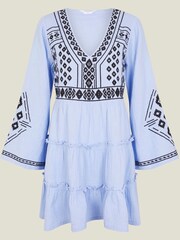 Accessorize Blue Embroidered Long Sleeve Mini 100% Cotton Dress - Image 3 of 3