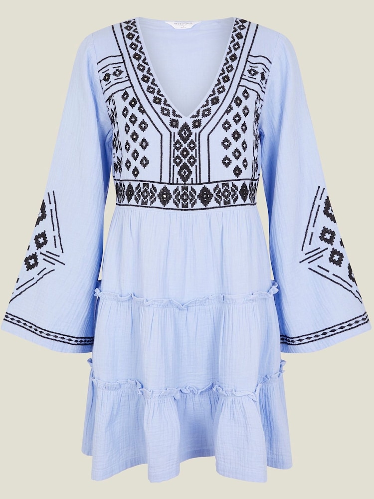 Accessorize Blue Embroidered Long Sleeve Mini 100% Cotton Dress - Image 3 of 3