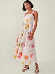 Accessorize Natural Floral Ruffle Strap Tiered Cotton/Linen Mix Maxi Dress - Image 1 of 4