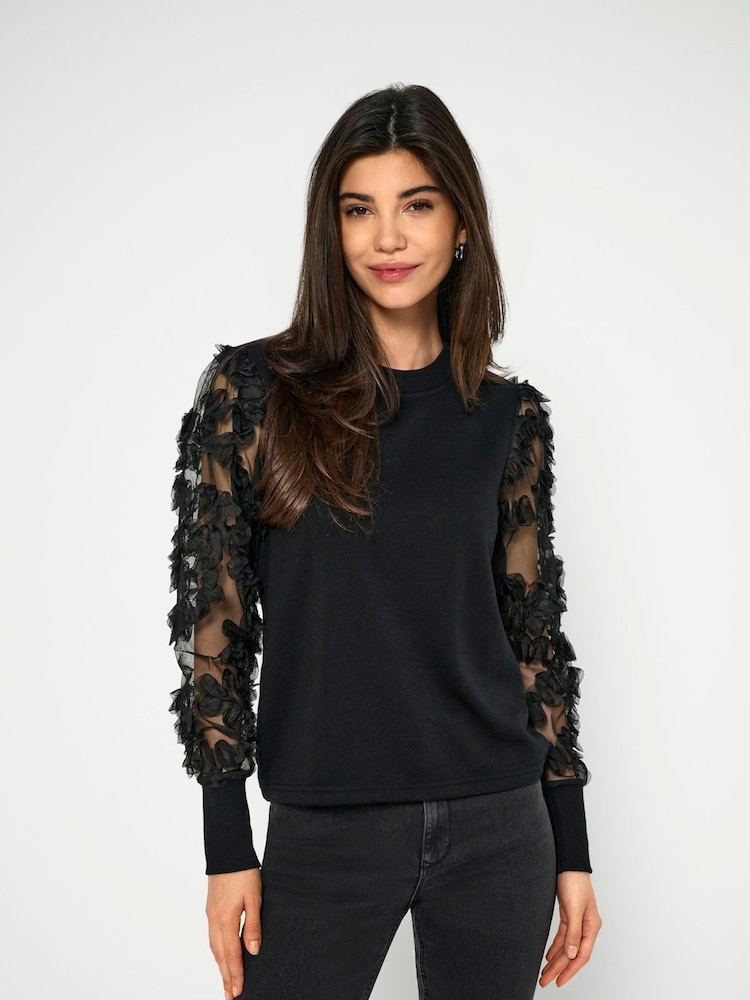 JDY Black Organza Sleeve Sweatshirt Top - Image 1 of 7