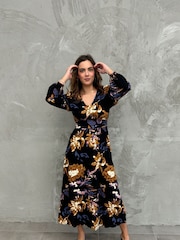 VILA Black Printed Long Sleeve V-Neck Maxi Dress - Image 1 of 5