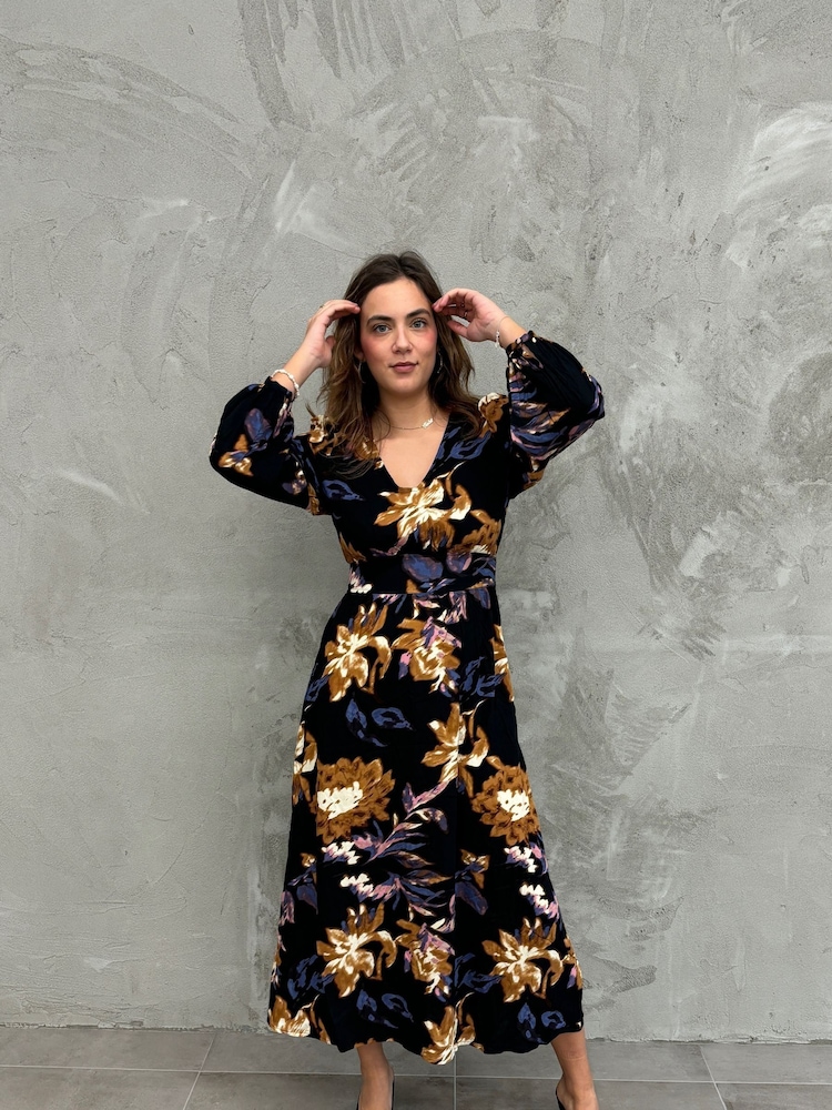 VILA Black Printed Long Sleeve V-Neck Maxi Dress - Image 1 of 5