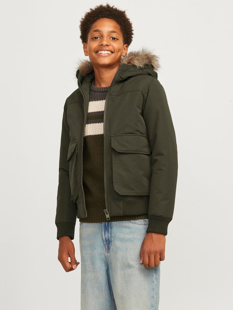 JACK & JONES JUNIOR Green Detachable Faux Fur Trim Bomber Jacket - Image 1 of 8