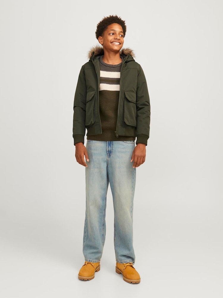 JACK & JONES JUNIOR Green Detachable Faux Fur Trim Bomber Jacket - Image 2 of 8