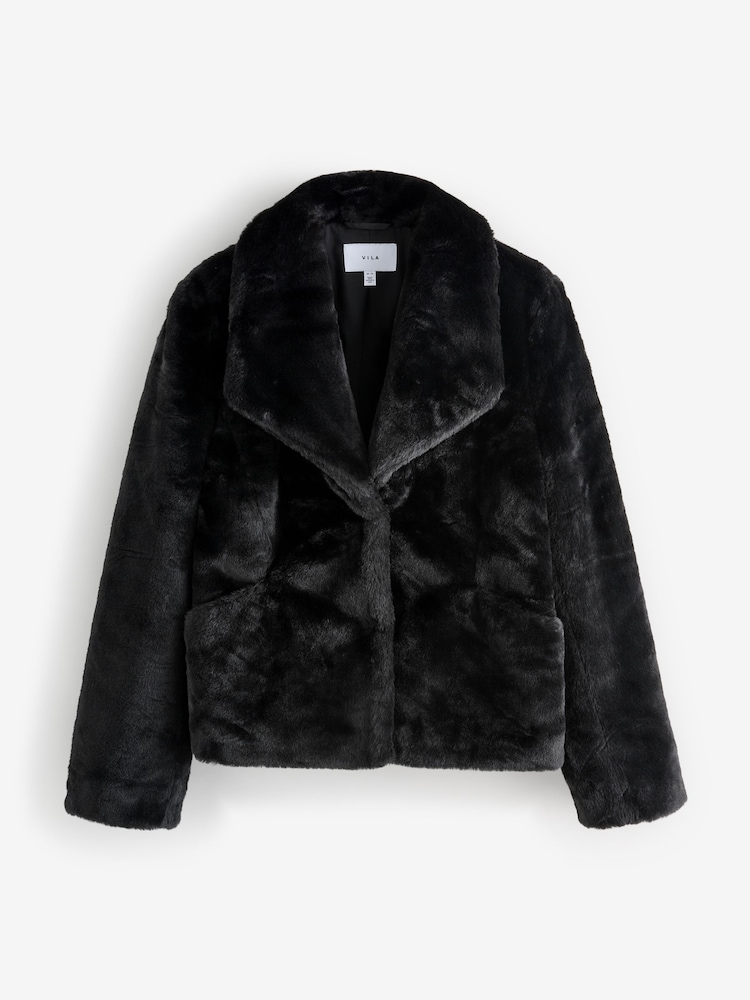 VILA Black Faux Fur Long Sleeve Short Jacket - Image 1 of 5 VILA Black Faux Fur Long Sleeve Short Jacket - Image 1 of 5