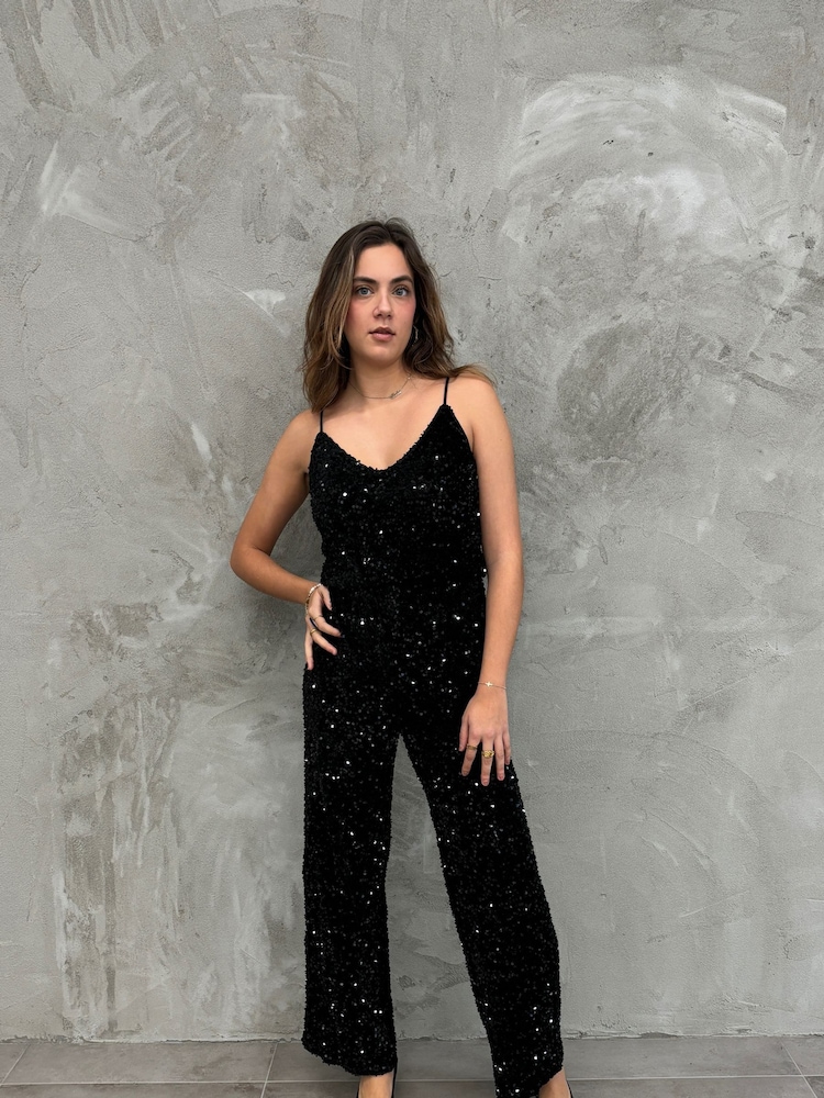 VILA Black Sleeveless Full Sequin Wide Leg Jumpsuit - Image 1 of 4