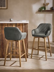 Monza Faux Leather Dark Grey Hamilton Mid Wood Leg Fixed Height Quilted Kitchen Bar Stool - Image 1 of 8