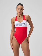 Speedo Red Colourblock Racerback Swimsuit - Image 1 of 6