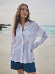White 100% Linen Button Down Relaxed Long Sleeve Shirt - Image 3 of 9