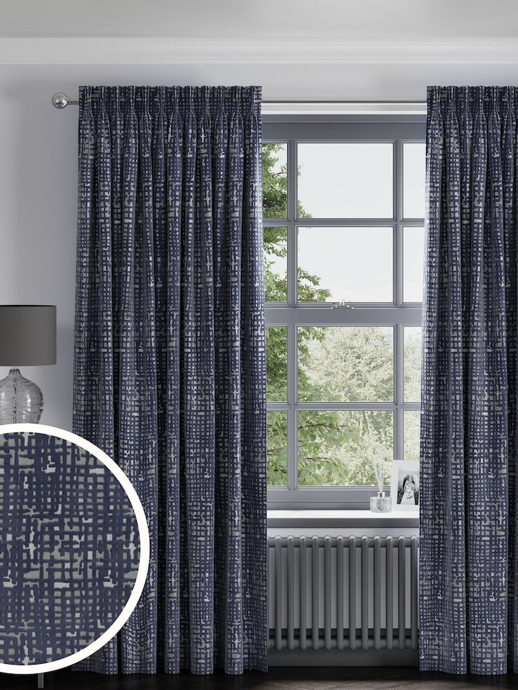 Navy Blue Collection Luxe Heavyweight Cut Velvet Abstract Made to Measure Curtains - Image 1 of 9
