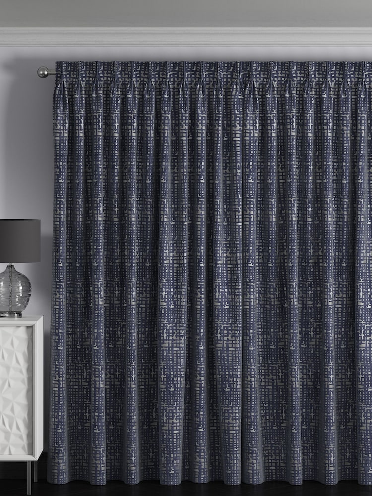 Navy Blue Collection Luxe Heavyweight Cut Velvet Abstract Made to Measure Curtains - Image 2 of 9