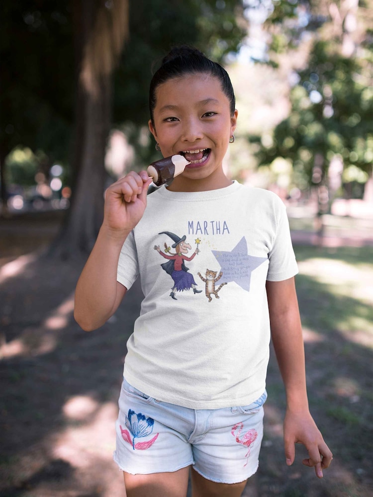 Star Editions Childrens White Personalised 100% Cotton Witch And Cat Room On The Broom T-Shirt - Image 1 of 3
