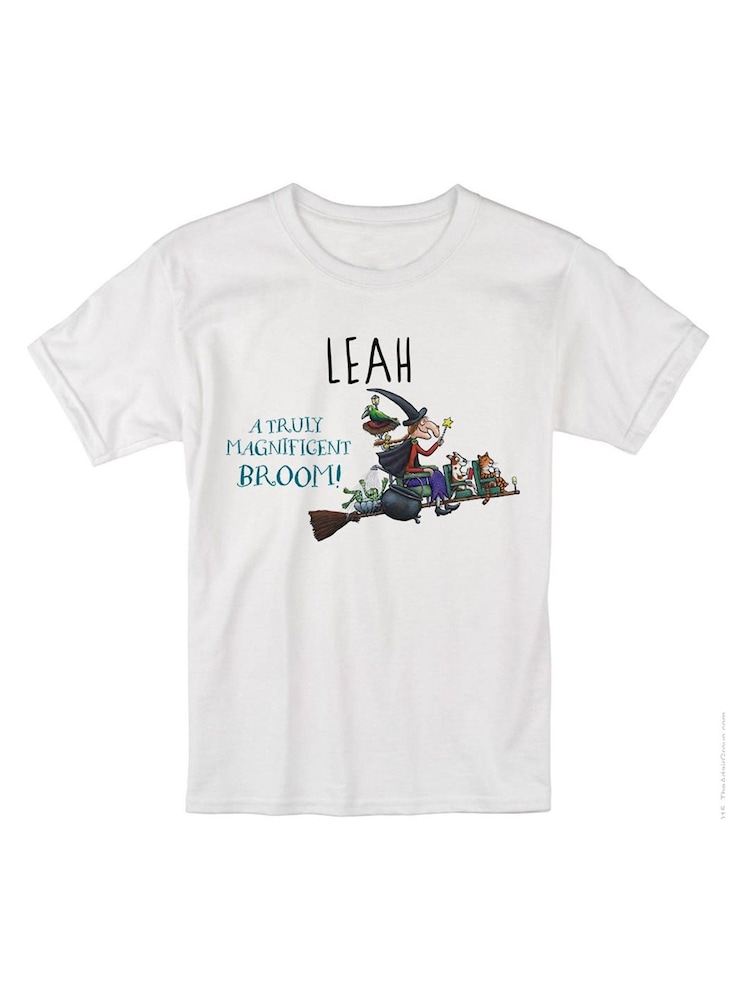 Star Editions Childrens Blue Personalised Room On The Broom 100% Cotton T-Shirt - Image 1 of 2