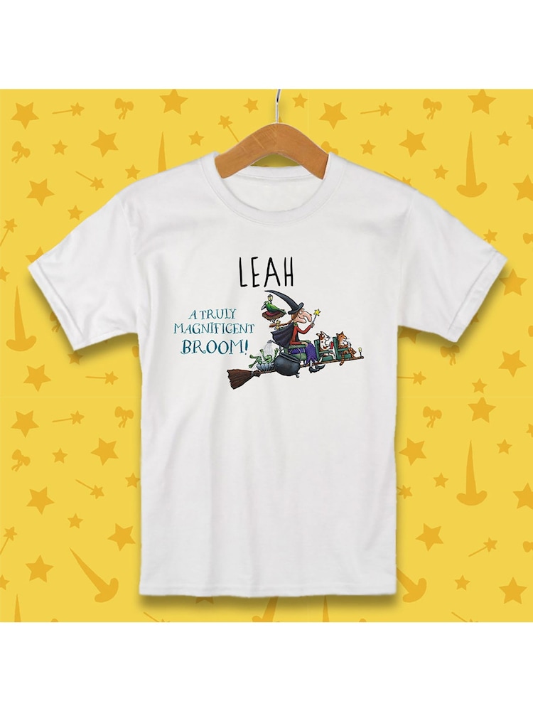 Star Editions Childrens Blue Personalised Room On The Broom 100% Cotton T-Shirt - Image 2 of 2