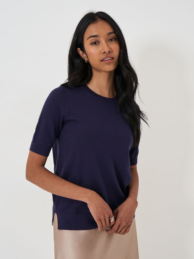 Blau - Crew Clothing Kurzärmliger Pullover aus Merinowolle - Bild 1 von 5