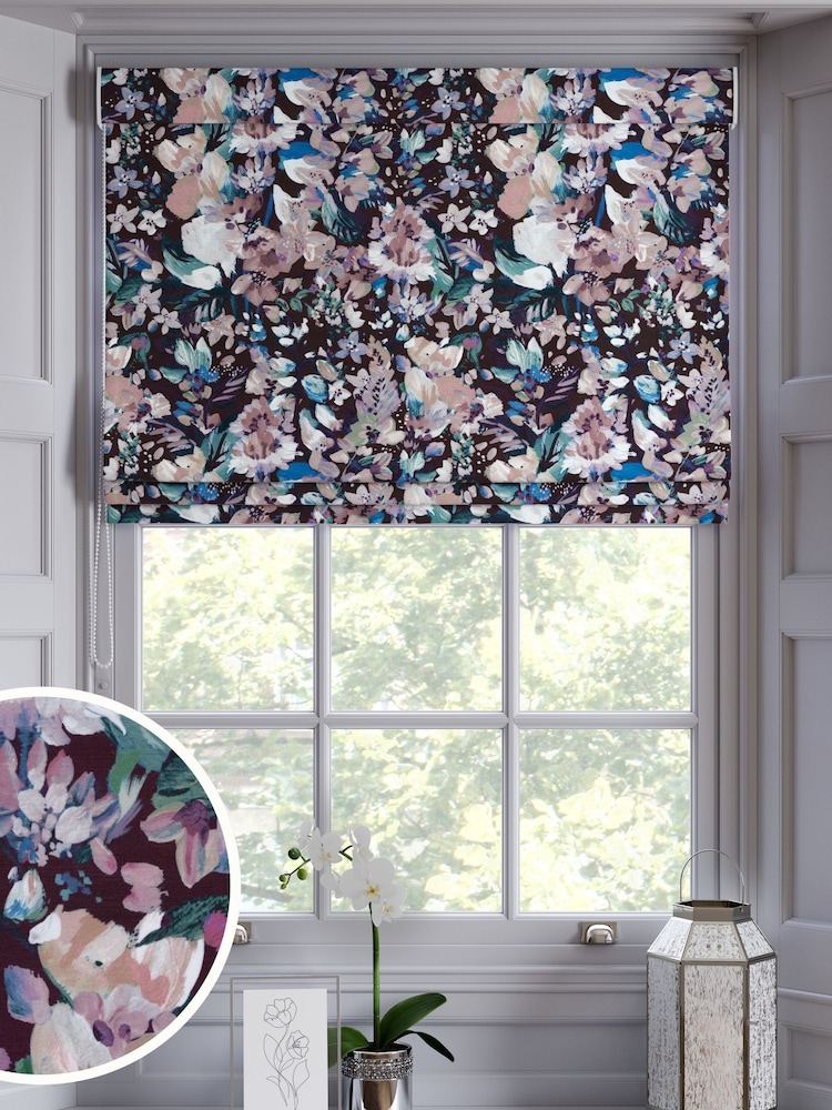 Black/Pink Romance Floral Faux Silk Made to Measure Roman Blind - Image 1 of 6
