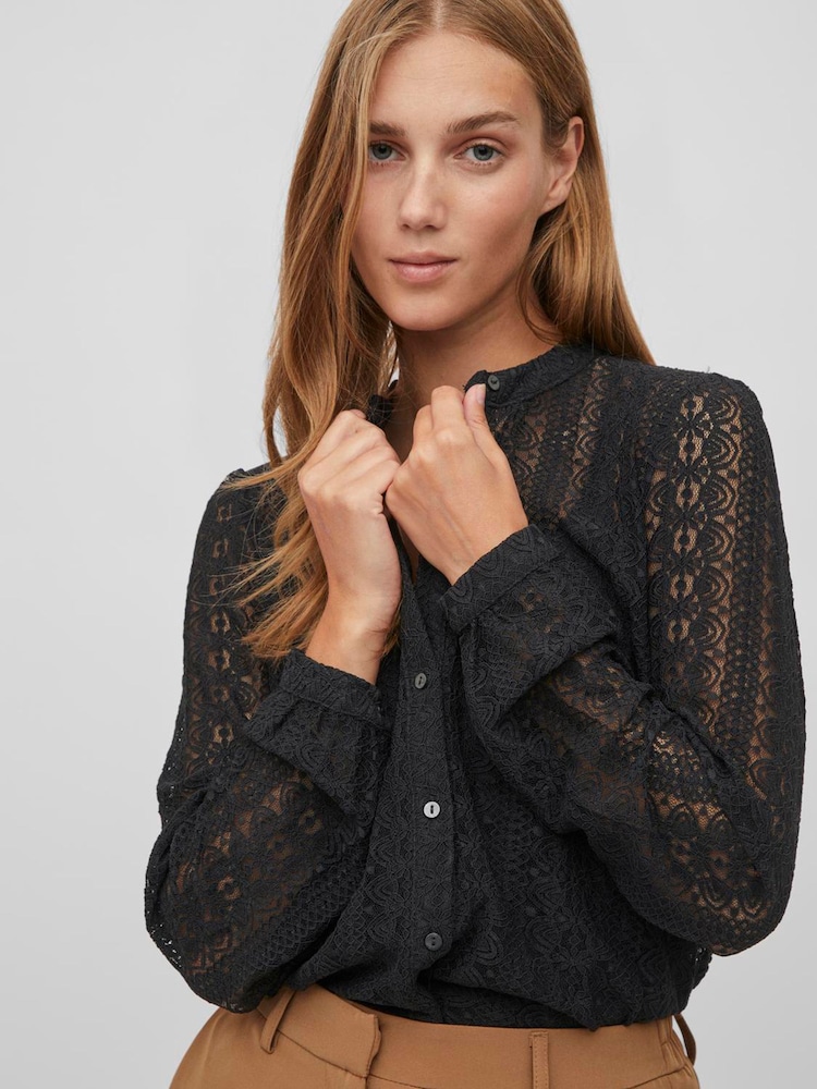 VILA Black Button Down Long Sleeve Jersey Lace Blouse - Image 1 of 5