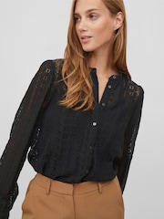 VILA Black Button Down Long Sleeve Jersey Lace Blouse - Image 2 of 5