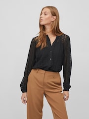 VILA Black Button Down Long Sleeve Jersey Lace Blouse - Image 3 of 5