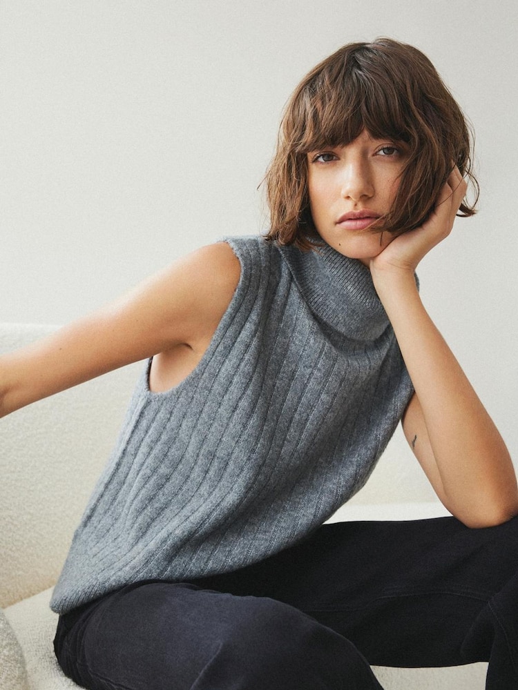 VILA Grey Rollneck Short Sleeve Ribbed Knit Vest - Image 1 of 2