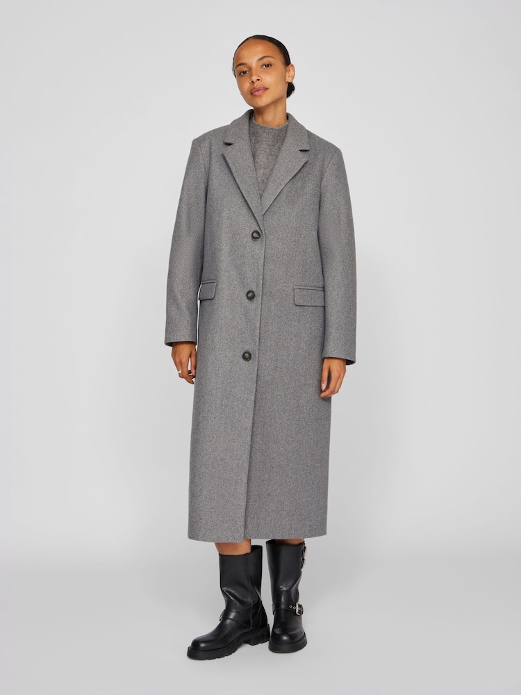 VILA Grey Long Sleeve Tailored Midi Coat - Image 1 of 6 VILA Grey Long Sleeve Tailored Midi Coat - Image 1 of 6