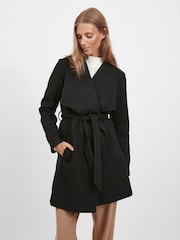 VILA Black Lightweight Tie Waist Wrap Coat - Image 1 of 6