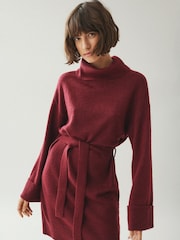VILA Burgundy Mini Rollneck Long Sleeve Tie Belt  Knit Dress - Image 1 of 8