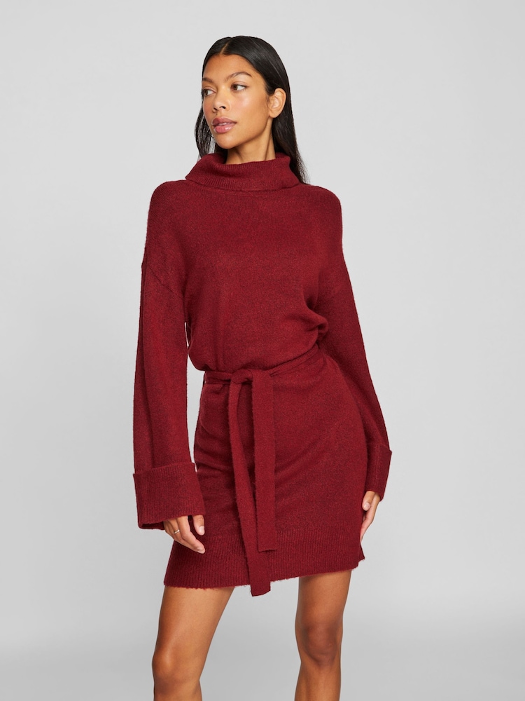 VILA Burgundy Mini Rollneck Long Sleeve Tie Belt  Knit Dress - Image 2 of 8