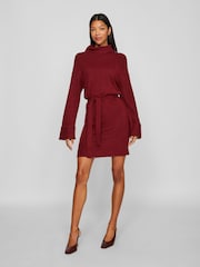VILA Burgundy Mini Rollneck Long Sleeve Tie Belt  Knit Dress - Image 4 of 8