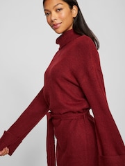VILA Burgundy Mini Rollneck Long Sleeve Tie Belt  Knit Dress - Image 5 of 8