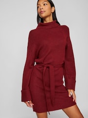 VILA Burgundy Mini Rollneck Long Sleeve Tie Belt  Knit Dress - Image 6 of 8
