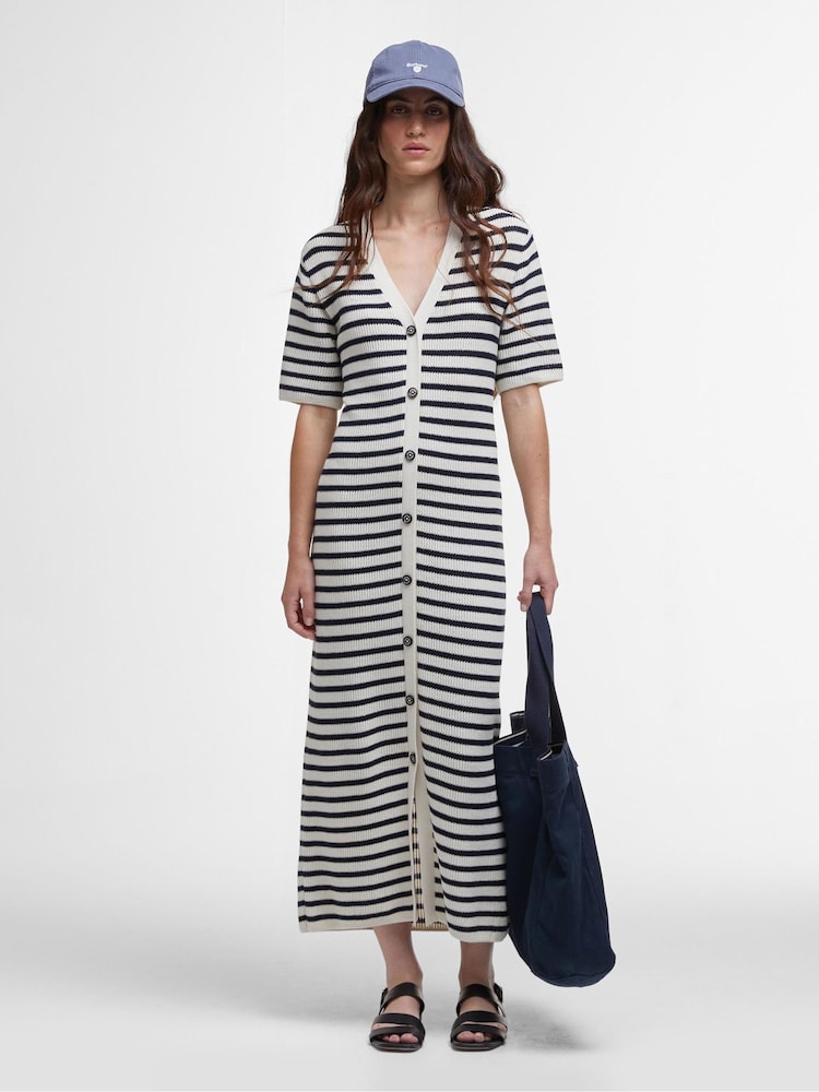 Barbour® Blue 100% Cotton Isla Knitted Stripe Midi Dress - Image 1 of 6