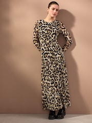 Leopard Print Long Sleeve Drop Waist Mesh Maxi Dress - Image 1 of 7