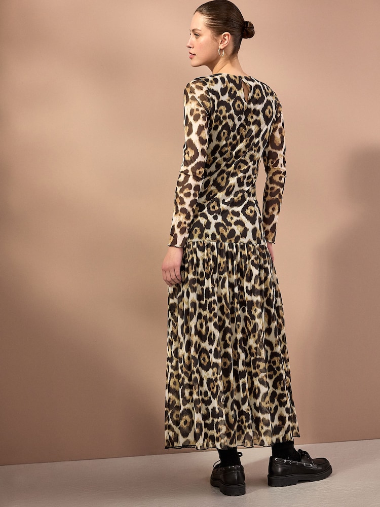Leopard Print Long Sleeve Drop Waist Mesh Maxi Dress - Image 2 of 7