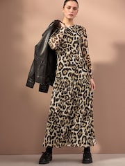 Leopard Print Long Sleeve Drop Waist Mesh Maxi Dress - Image 3 of 7