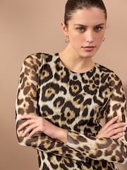 Leopard Print Long Sleeve Drop Waist Mesh Maxi Dress - Image 4 of 7