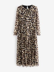 Leopard Print Long Sleeve Drop Waist Mesh Maxi Dress - Image 5 of 7