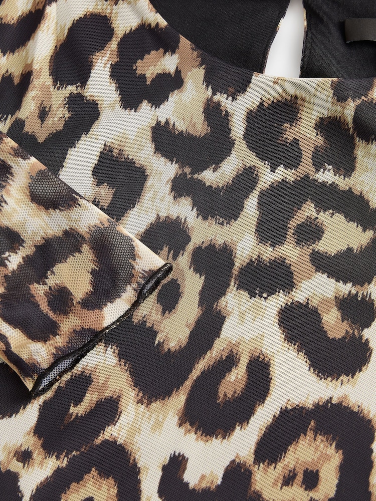 Leopard Print Long Sleeve Drop Waist Mesh Maxi Dress - Image 7 of 7