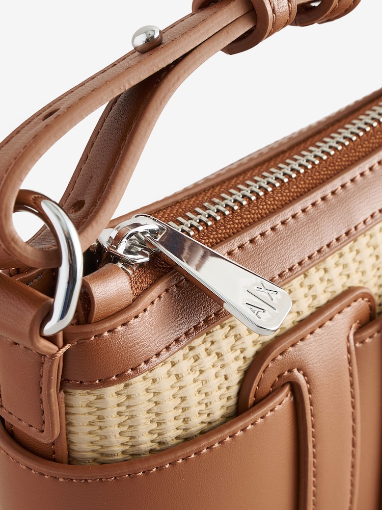Armani Exchange Raffia Style Buckle Logo Shoulder Brown Bag - Image 4 of 5
