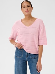 Kaffe Pink V-Neck Short Sleeve Knitted Top - Image 1 of 6