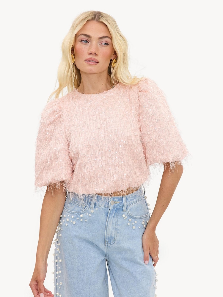 LOAVIES Pink Flare Of Magic Pink Top With Sequins And Fringe - Image 1 of 4 LOAVIES Pink Flare Of Magic Pink Top With Sequins And Fringe - Image 1 of 4