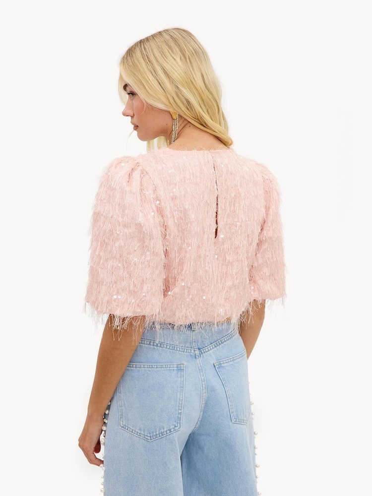 LOAVIES Pink Flare Of Magic Pink Top With Sequins And Fringe - Image 2 of 4 LOAVIES Pink Flare Of Magic Pink Top With Sequins And Fringe - Image 2 of 4