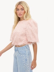 LOAVIES Pink Flare Of Magic Pink Top With Sequins And Fringe - Image 3 of 4