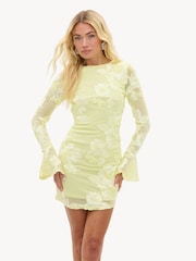 LOAVIES Yellow Wrapped In Magic Yellow Dress With Mesh And Floral Details - Image 1 of 4