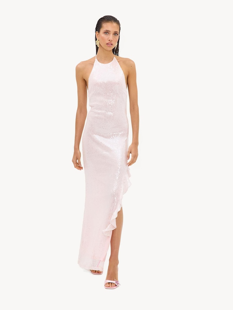 light pink dress with sequins Elegant Beaded Sequin Pink Long Sleeve Evening Dress with Bow SS230