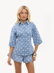 LOAVIES Blue The Stillness Of Us Light Blue Denim Blouse With Polka Dots - Image 1 of 4