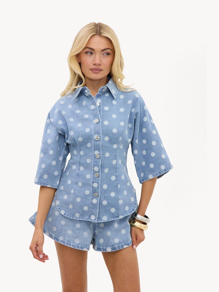 LOAVIES Blue The Stillness Of Us Light Blue Denim Blouse With Polka Dots - Image 1 of 4 LOAVIES Blue The Stillness Of Us Light Blue Denim Blouse With Polka Dots - Image 1 of 4