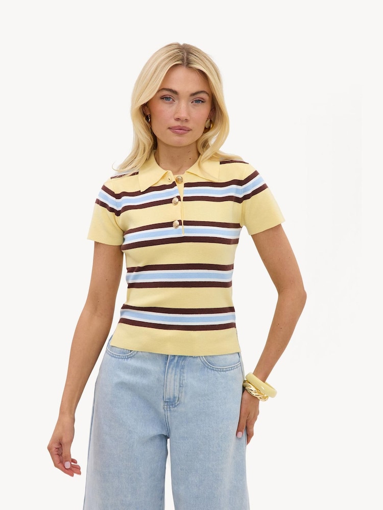 LOAVIES Yellow Inspired By Love Striped Polo Shirt - Image 1 of 5 LOAVIES Yellow Inspired By Love Striped Polo Shirt - Image 1 of 5