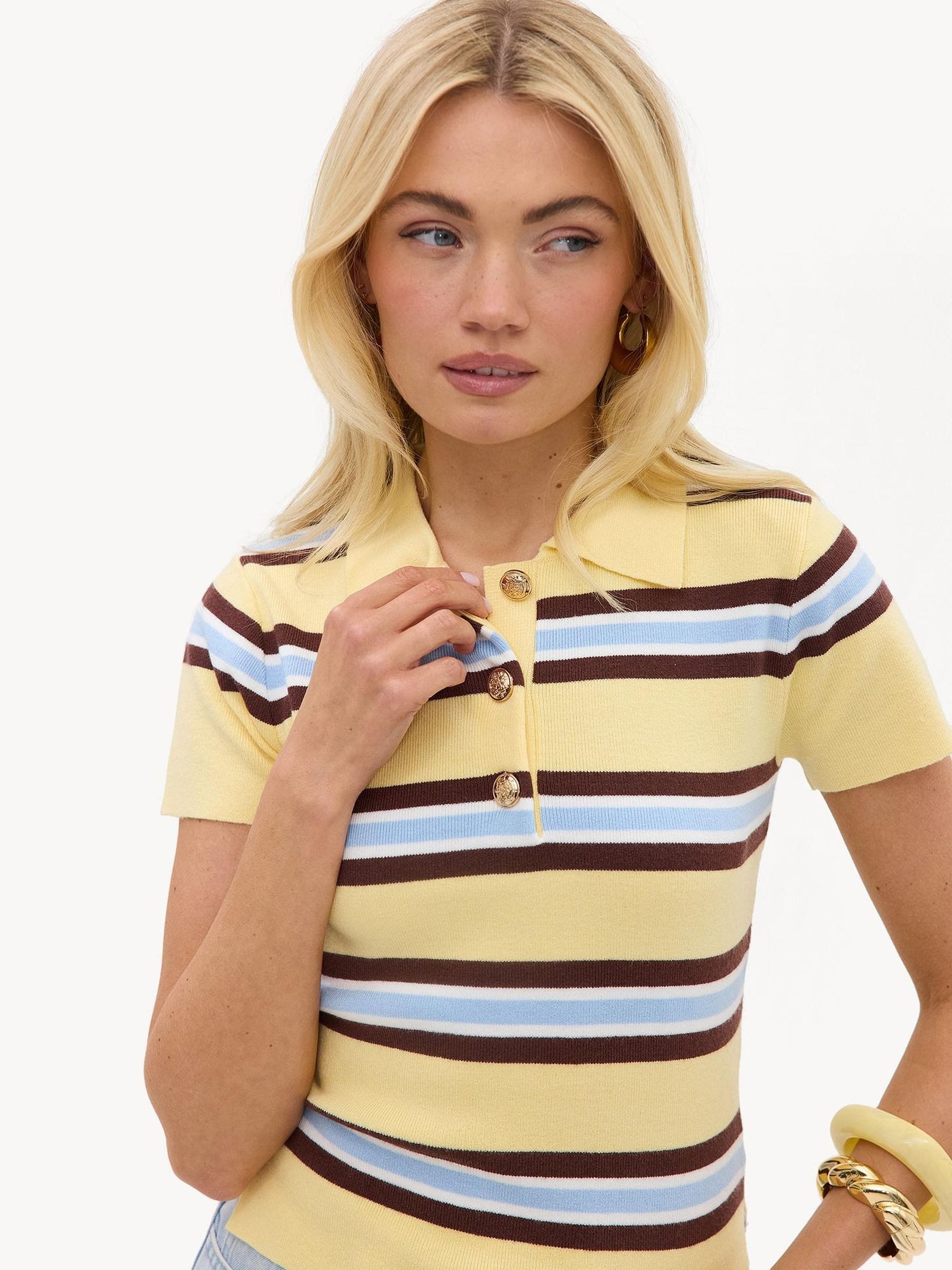 Buy LOAVIES Yellow Inspired By Love Striped Polo Shirt from the