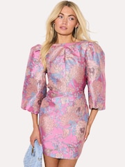 LOAVIES Wild Hearts Soar Pink Satin-Look Dress With Floral Print And Bow Detail - 画像 1 / 4
